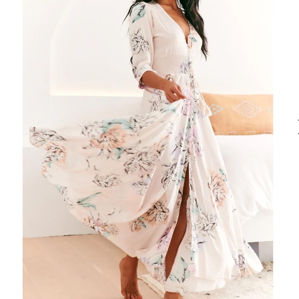 Lace Back Shirred Waist A Line Dress Handkerchief Hemline Blooming Bouquet Print